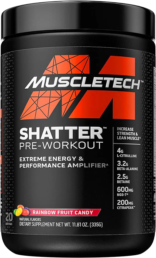 Pre Workout Powder MuscleTech Shatter Pre-Workout PreWorkout Powder for Men & Women PreWorkout Energy Powder Drink Mix Sports Nutrition Pre-Workout Products Rainbow Fruit Candy (20 Servings)