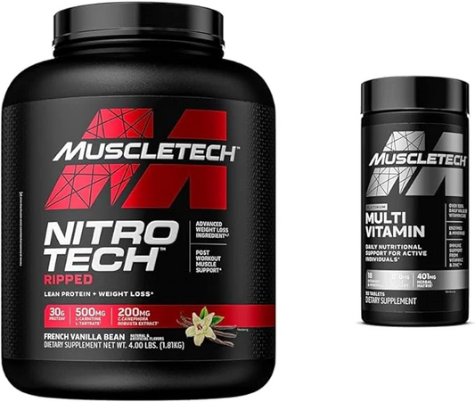 MuscleTech Nitro-Tech Ripped | Lean Whey Protein Powder/Isolate & Platinum Multivitamin for Immune Support 18 Vitamins & Minerals Vitamins A C D E B6 B12 Daily Workout Supplements for Men 90 Ct