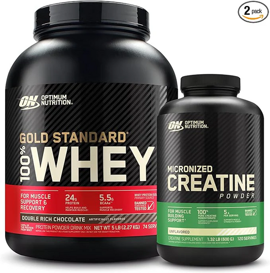 Optimum Nutrition 100% Gold Standard Whey Protein Powder: Double Rich Chocolate (5 Pound) with Micronized Creatine Monohydrate Powder, Unflavored (120 Servings) - Bundle Pack